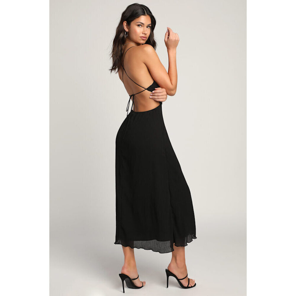 Lulus View From The Top Black Plisse Sleeveless Lace-up Midi Dress - Size XL
